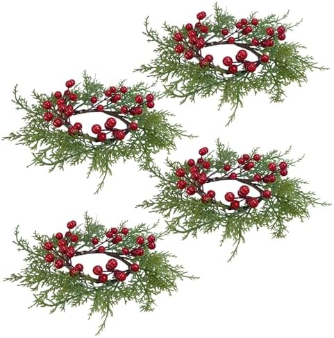 Winlyn 4 Pcs Artificial Cedar and Berry Candle Rings Christmas Candle Holder Wreath Rings Mini Wreaths Ornaments 13.4" Wide for Tabletop Decoration Winter Wedding Christmas Holiday Season