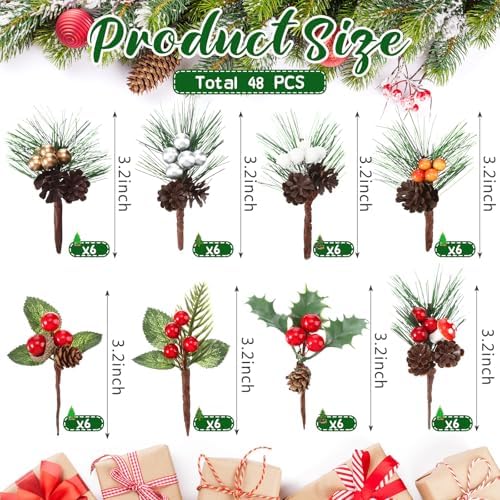 Panelee 48 Pcs Christmas Picks for Crafts, Xmas Floral Picks and Sprays