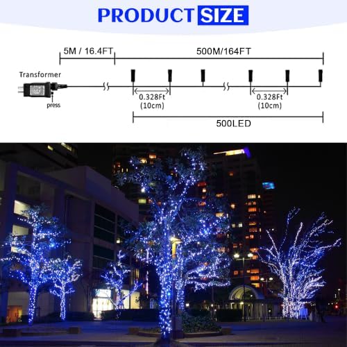 kemooie 500 LED Blue and White Christmas Lights, 164FT 8 Lighting Mode with Memory Plug in Christmas Tree Lights, for Outdoor Birthday Christmas Party Garden Balcony Decorations (Blue and White)