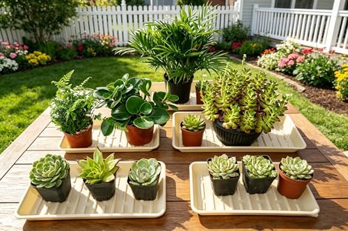 4 Pack Rectangular Plant Saucer 16 Inch, Heavy Duty Plastic Drip Trays for Pots, Windowsill Planter, Indoor Outdoor, 7.0 x 16.1 Inches, Beige
