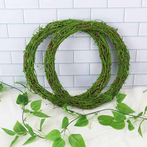 7 Pcs 12 inch Natural Grapevine Wreath Set, Green