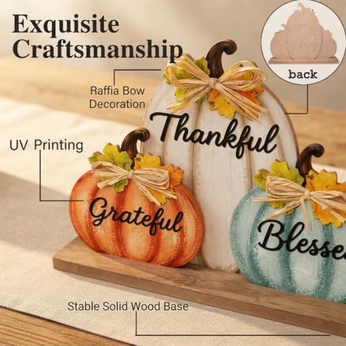 Fall Pumpkin Decor with LED Lights, Wooden Thanksgiving Table Sign "Blessed Grateful Thankful", Rustic Harvest Home Decoration for Living Room Mantle Office Desk Bedroom (Pumpkin)