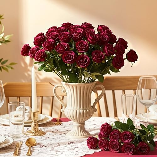 Auihiay 60PCS Burgundy Artificial Roses Bulk, Velvet Silk Fake Roses
