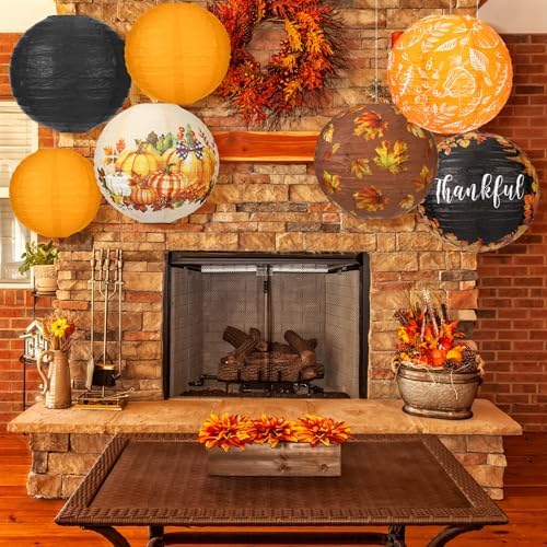 Bencailor 16 Pcs Fall Paper Lanterns Fall Party Paper Lanterns Thanksgiving Orange Pumpkin Fresh Round Thankful Maple Leaves Hanging Party Decorations for Autumn Harvest Outdoor Decor