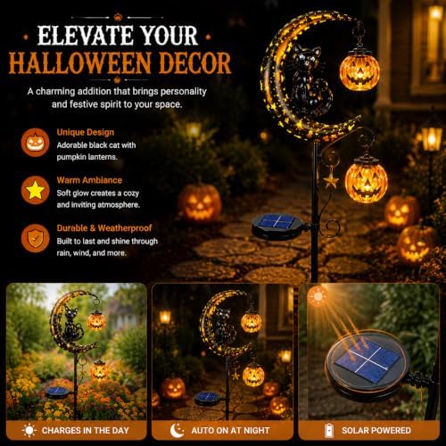 CRILEAL Solar Halloween Black Cat & Pumpkin Moon Garden Stake Light