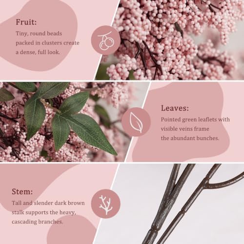1 Pcs Artificial Berry Stem 36" Realistic Flowers Picks Branches Faux Stem Spray DIY for Holiday Seasonal Farmhouse Mantel DIY Home Decorations (Pink)