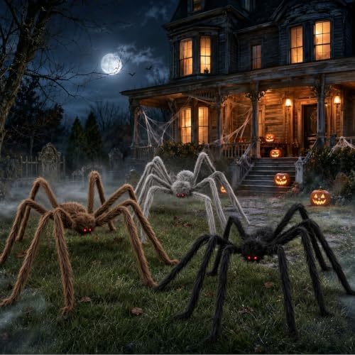 3 Pack 5 Ft Giant Halloween Spiders, Furry Spider Outdoor Decorations