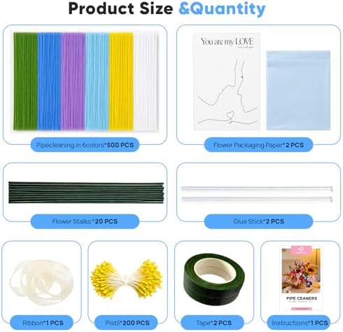 HHSarioneiro 550 Pcs Pipe Cleaner Flower Kit, Complete DIY Flower Bouquet Making Kit, 6 Beautiful Colors, 15 Flower Designs with Step-by-Step Video Tutorials, for Teen Girls and Craft Lovers