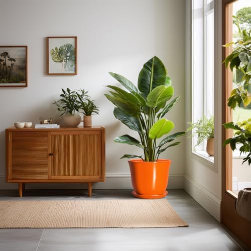 10 Inch Plant Pot, Ceramic Pots for Plants with Drainage, Orange