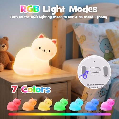 Cute Smile Cat Night Light RGB Rechargeable Soft for Nursery Bedroom