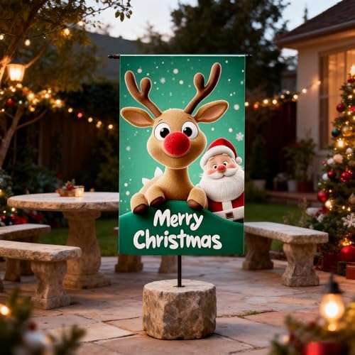 Merry Christmas Garden Flag 12x18 Inch Double Sided Outside,Santa Deer Xmas Happy Holiday Season Yard Flags,Burlap Welcome Small Garden Flags Vertical Banner for Outdoor Decoration