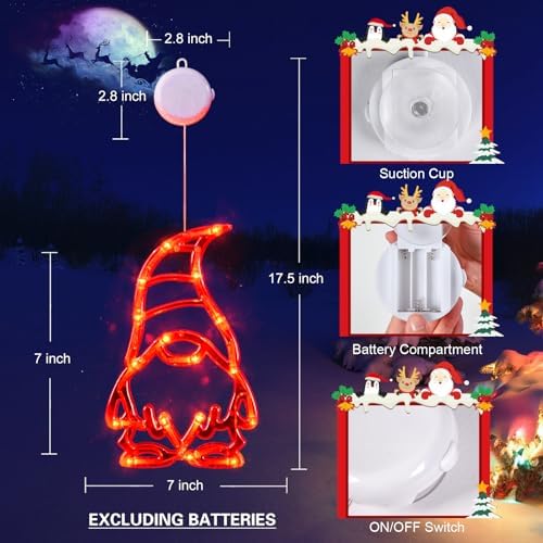 LOLStar 3 Pack Red White and Green GnomesChristmas Window Lights,Suction Cups 2025 Upgrade Timer Function and Slowly Fade Mode Battery Operated Indoor Decors Christmas Decorations