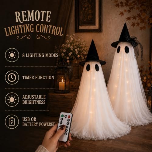 2 Pack Cute Glowing Ghost Decor - Halloween Ghost Decorations