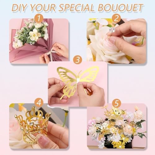 Majreey Floral Wrapping Paper Kit, 80Sheet Waterproof Floral Paper, 3Rolls Ribbon for Flower Bouquet, 2Rolls Transparent Tape,100Pcs Flower Pins, 48Pcs 3D Butterflies, 9Pcs Crowns (Flower-4)