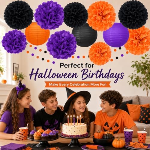 14 Pcs Halloween Party Decorations, Black Purple Orange Pom Poms, Lanterns