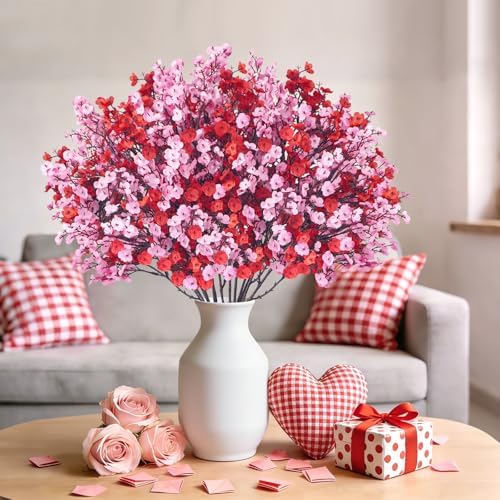 Uieke 30 Pcs Valentine’s Day Artificial Baby’s Breath Flowers, Red Pink Faux Gypsophila Bouquets Real Touch Silk Fake Flowers for Romantic Wedding, Anniversary, Party, Home Table Centerpiece Décor