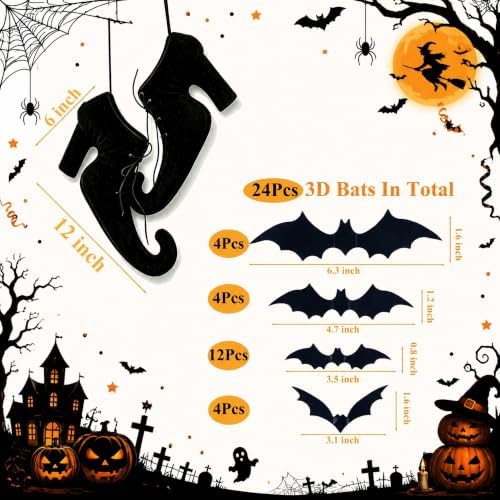 Halloween Witch Shoes Hanging Ornament 3D Witch Boot Decor with 24Pcs Bats