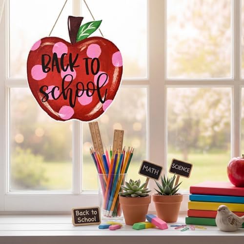 Smile Back to School Red Polka Dot Apple Wooden Door Sign Wall Decor for Classroom, Home, School Entrance - Back to School Gift for Teachers, Students