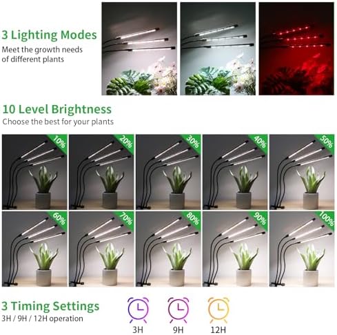 3 Head Grow Lights for Indoor Plants, Upgrade 126 LEDs Clip Plant Lights, Full Spectrum Red White LED Plant Growing Lamps with Flexible Gooseneck, 3/9/12H Timer, 3 Spectral Modes, 10 Dimmable Levels