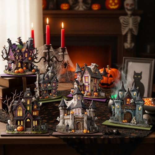 Yuntau 6 Pcs Halloween Wooden Table Decorations Haunted House Table Centerpiece Decor Spooky Ghost Pumpkin Castle Tabletop Signs with Stands, Rustic Tiered Tray Mantel Decor for Halloween Party