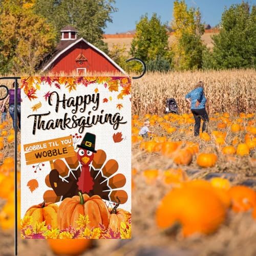 LosFong Happy Thanksgiving Garden Flag 12x18 Inch Double Sided Burlap Autumn Leaves Turkey Harvest Pumpkin Farmhouse Small Fall Thankful Yard Flag for Outside Decoration (Thanksgiving)