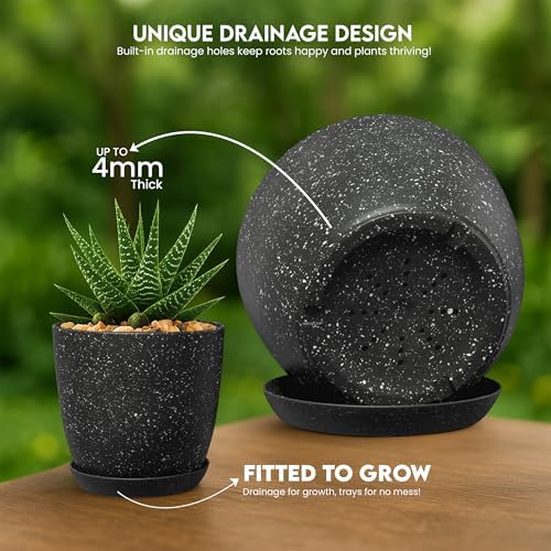 Plant Pots Indoor with Drainage 5 Pack Multi-Size Planters Set Spotty Black