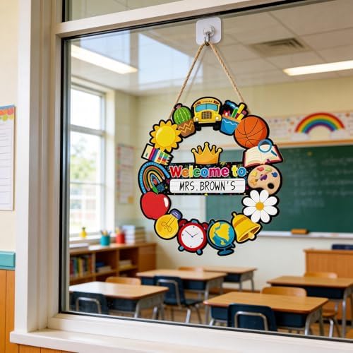 Welcome Sign for Classroom Door Decor Personalized Teacher Door Sign Name Wreath Welcome to Our Classroom Hanging Sign Back to School Hollow Hanger for Front Door School Teacher Supplies