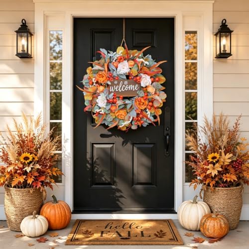 Fall Wreath for Front Door, 24 Inch Autumn Wreath with lamb's Ear Leaves, Roses, Berries & Wooden Sign,Fall Decorations for Home, Artificial Flowers Harvest and Thanksgiving Indoor & Outdoor