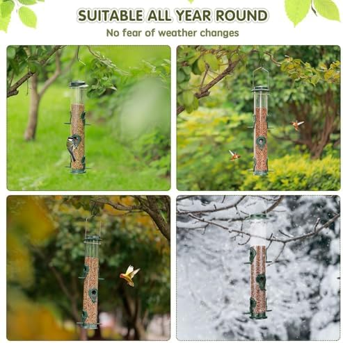 Metal Bird Feeder Tube Hanging Wild Bird Seed Feeder Aluminum Six Port Bird Feeders,1.4 mm Extra Thick Solid Tube Transparent with Steel Hanger Great for Attracting Birds (Green 2PK)