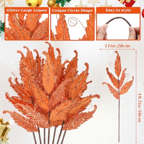 HyDren 10 Pcs Christmas Glitter Leaves Ornaments, Orange