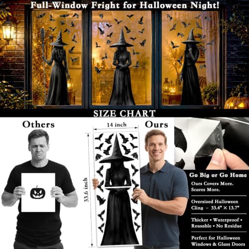 Halloween Window Clings, 3 Large Reusable Scary Witch Silhouette Window Clings & Bat Decals, Witches Silhouette Static Clings for Glass, Indoor Halloween Decorations for Home, School & Office