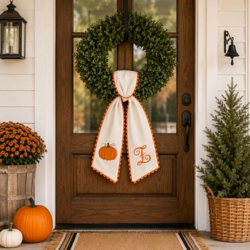 Halloween Pumpkin Wreath Sash Fall Front Door Orange Bow Decor Soft Cotton Feel Fabric Raised Embroidery Scalloped Trim Seasonal Accent Initials (K)