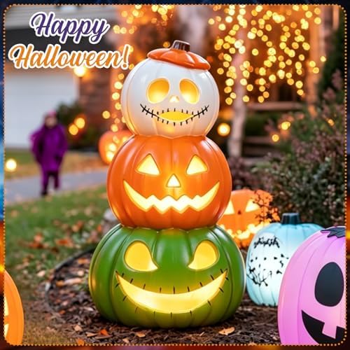 14" Halloween Jack O Lantern Light Up, 3 Tier Stacked Pumpkin Figurine