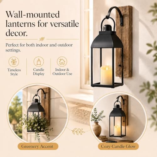 Lanterns Decorative Indoor 15" 11" Set of 2 Black Metal Lantern with Candle