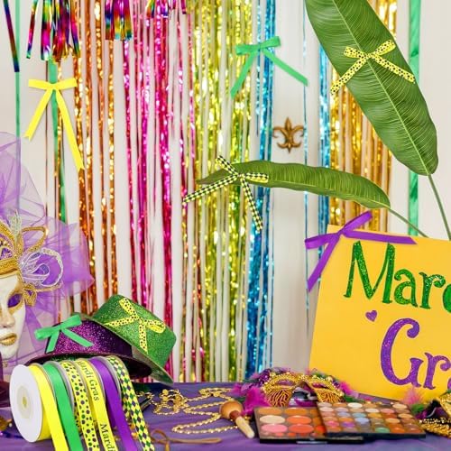 DECYOOL Mardi Gras Ribbon 6 Rolls 60 Yards Holiday Grosgrain Ribbons