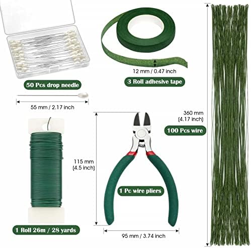 PAXCOO Floral Arrangement Kit with Green Tape and Wire, Boutonniere Flower pin, Wire Cutter for Wreath Making Supplies