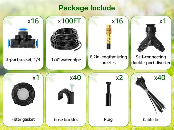 Pro-Series Drip Irrigation System, 100FT 1/4" Garden Watering System with 16pcs 360° Bendable Copper Nozzles, Leak-Free