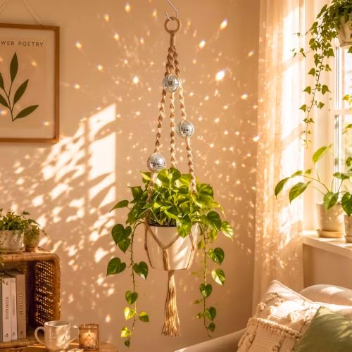 Shappy Macrame Disco Ball Plant Hanger, Boho Hanging Planter Home Decor