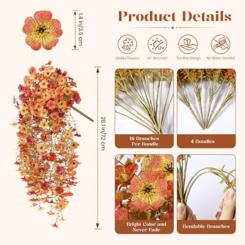 Alupssuc 4 PCS Fall Hanging Flowers Artificial for Outdoor Indoor Decor