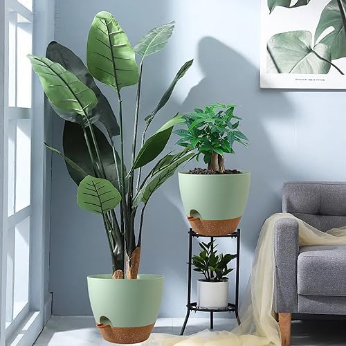 UOUZ 12inch 2Pack Large Self Watering Planters, Plastic Plant Pots with 60oZ Removable Deep Reservoir and Multi Mesh Drainage Holes for Indoor Outdoor Garden Plants and Flowers, Green with Brown