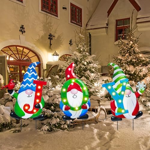 WONDER GARDEN Christmas Yard Stakes, 3 PCS Metal Yard Signs, Xmas Gnomes with Joy and Led Light Christmas Yard Decorations for Lawn Party Decorations