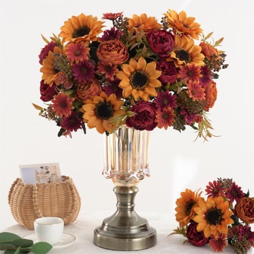 2 Pcs Fall Artificial Sunflower Peony Bouquet, Yellow Burgundy Silk Faux Flower, Autumn Faux Floral Arrangements for Wedding Table Centerpiece DIY Thanksgiving Farmhouse Indoor Outdoor Party Decor