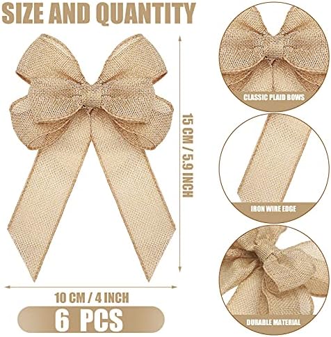 Xinnun 6 Pcs Christmas Burlap Bows Wreath Bows,Plain Style,Beige