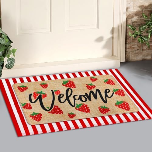 Tinideya 2 Pcs Strawberry Door Mat Set, Outdoor Welcome Front Mat