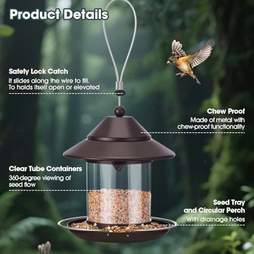 Bird Feeders for Outdoors, Hanging Small Metal Roof Bird Feeder with Clear Tube Seed Capacity for Viewing Cardinal Finch, Wild Birdfeeders for Outside Garden Yard Decoration (2lb:Brown)