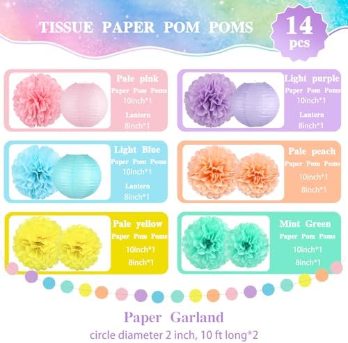14 Pcs Pastel Party Decorations, Paper Pom Poms Lanterns Garland, 8/10 Inch