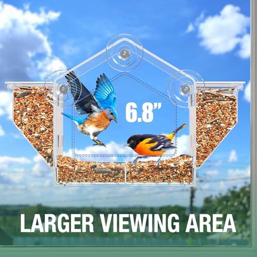 Window Bird Feeder with Dual Side Storage, Strong Suction Cups and Adhesive