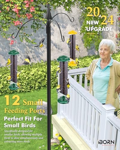 iBorn Nyjer & Thistle Bird Feeder for Outdoors Hanging，Finch Feeders for Outside，Metal Tube Bird Feeder 14 Inch with 12 Small Ports,8 Metal Perches,Green