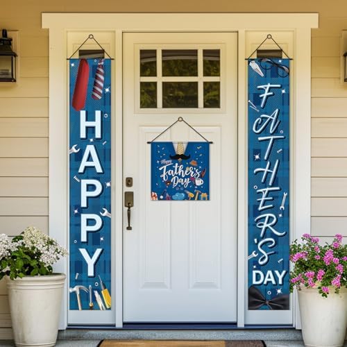 VitalCozy 3pcs Happy Father's Day Banner Blue Welcome Porch Signs Father's Day Hanging Door Banner for Indoor Outdoor Fathers Party Decoration Supplies