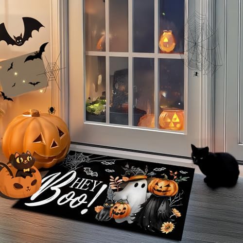 Halloween Door Mat Hey Boo Welcome Mat Scary Entry Rug 17x29 Inch